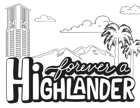 Thumbnail for UC Riverside coloring page featuring the UCR Bell Tower, mountains, and palm trees with text forever a Highlander.