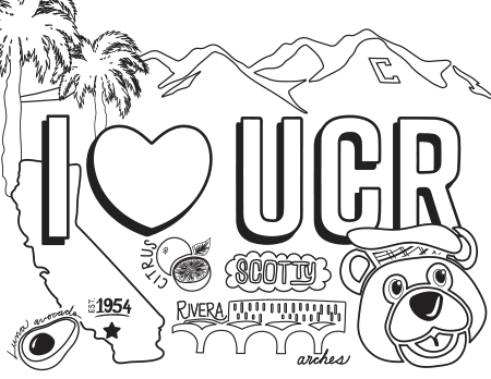 Thumbnail for I HEART UCR coloring page with Scotty the Bear mascot, California map, palm trees, mountains, and Rivera Library arches.
