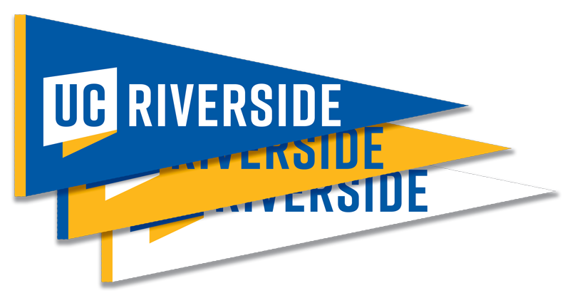Three UCR pennants with the UC Riverside logo overlapping each other. One pennant in Blue, Gold and White.