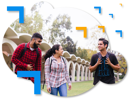 Students walking in front of Tomas Rivera's Library Arches