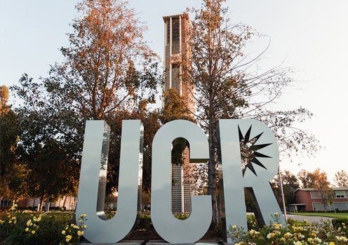 UCR letter in front of the bell tower