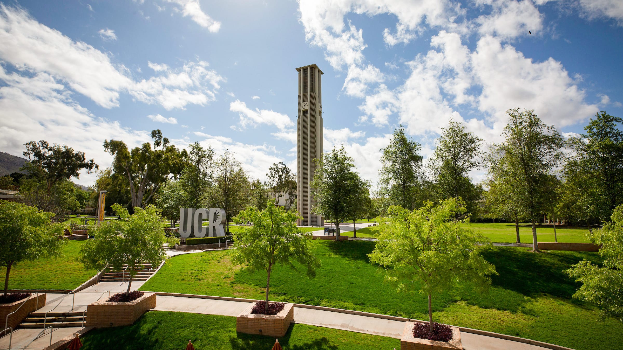 UC Riverside campus with UCR letters and bell tower