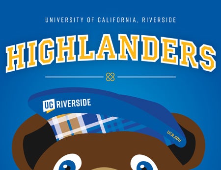 Thumbnail for UC Riverside HIGHLANDERS poster featuring a Scotty the Bear wearing a blue and gold plaid tam o' shanter cap.